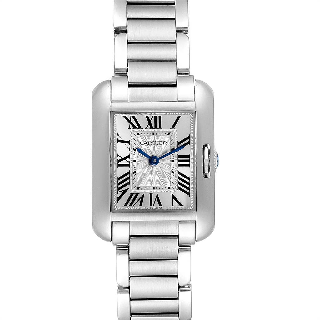 The image shows a Tank Anglaise model watch by Cartier from a front angle, including its face, dial, and metal bracelet.
