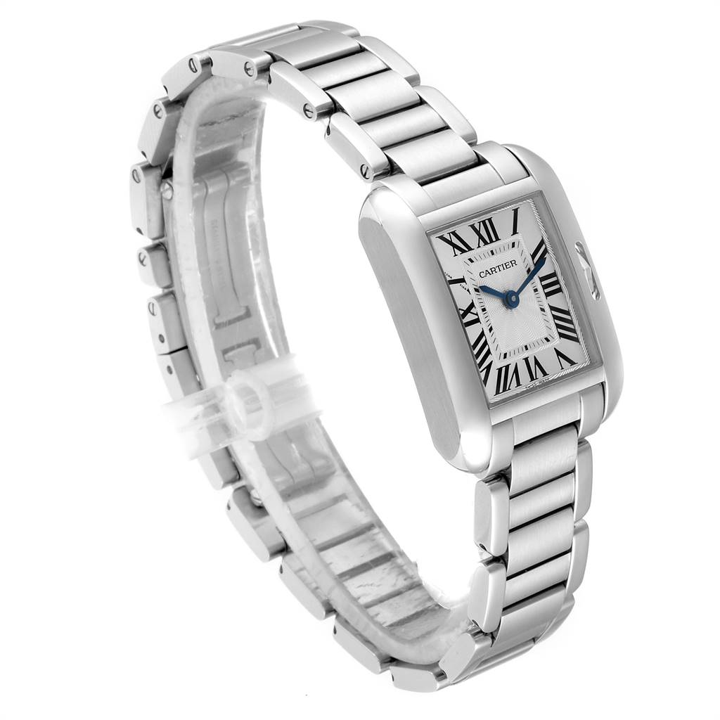 This image shows a Cartier Tank Anglaise W5310022 Women's Stainless Steel Silver Dial W5310022 Women's Stainless Steel Silver Dial watch at a three-quarter angle, highlighting its rectangular face and metal bracelet.