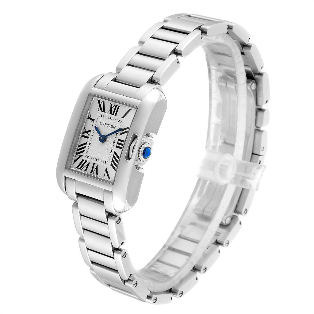This image shows a side angle of the Cartier Tank Anglaise W5310022 Women's Stainless Steel Silver Dial W5310022 Women's Stainless Steel Silver Dial watch, highlighting the face, band, and crown.