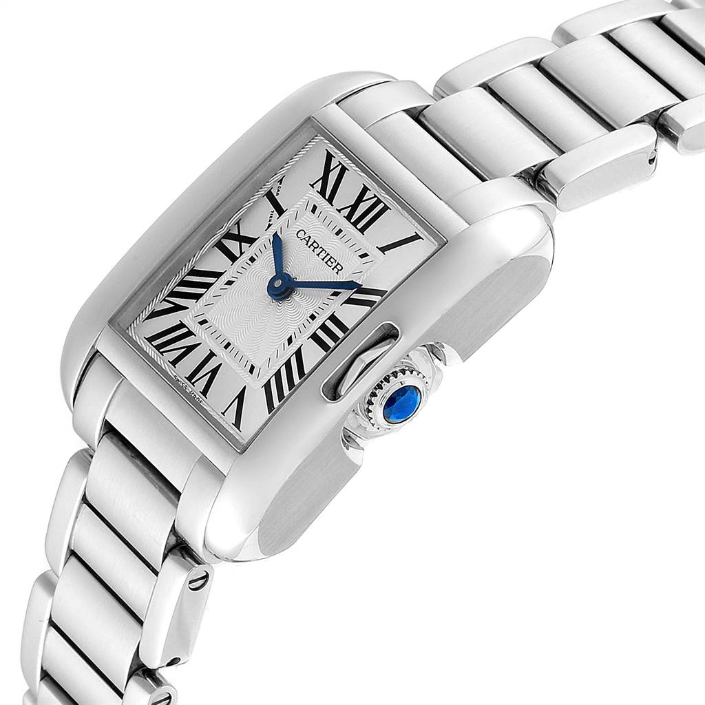 The image shows a Cartier Tank Anglaise W5310022 Women's Stainless Steel Silver Dial W5310022 Women's Stainless Steel Silver Dial watch angled to display the face, metal bracelet, and bejeweled crown.