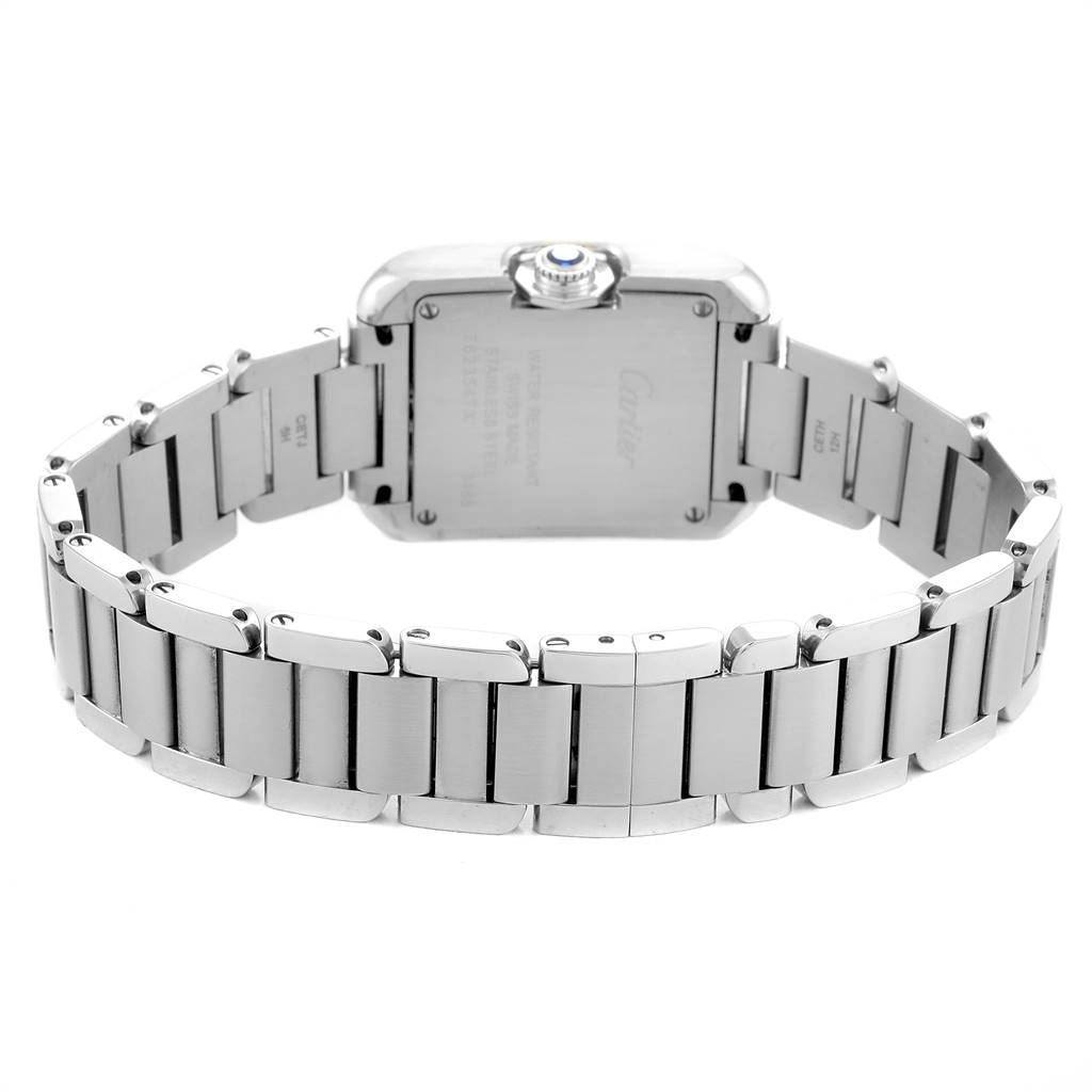 The image shows the rear view of a Cartier Tank Anglaise W5310022 Women's Stainless Steel Silver Dial W5310022 Women's Stainless Steel Silver Dial watch, highlighting its case back and metal bracelet.