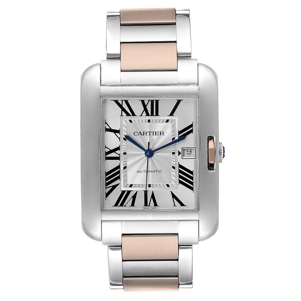 The Cartier Tank Anglaise W5310007 Women's Steel and Gold (two tone) Silver Dial W5310007 Women's Steel and Gold (two tone) Silver Dial watch is shown from a front angle, displaying the face, bracelet, and side crown.
