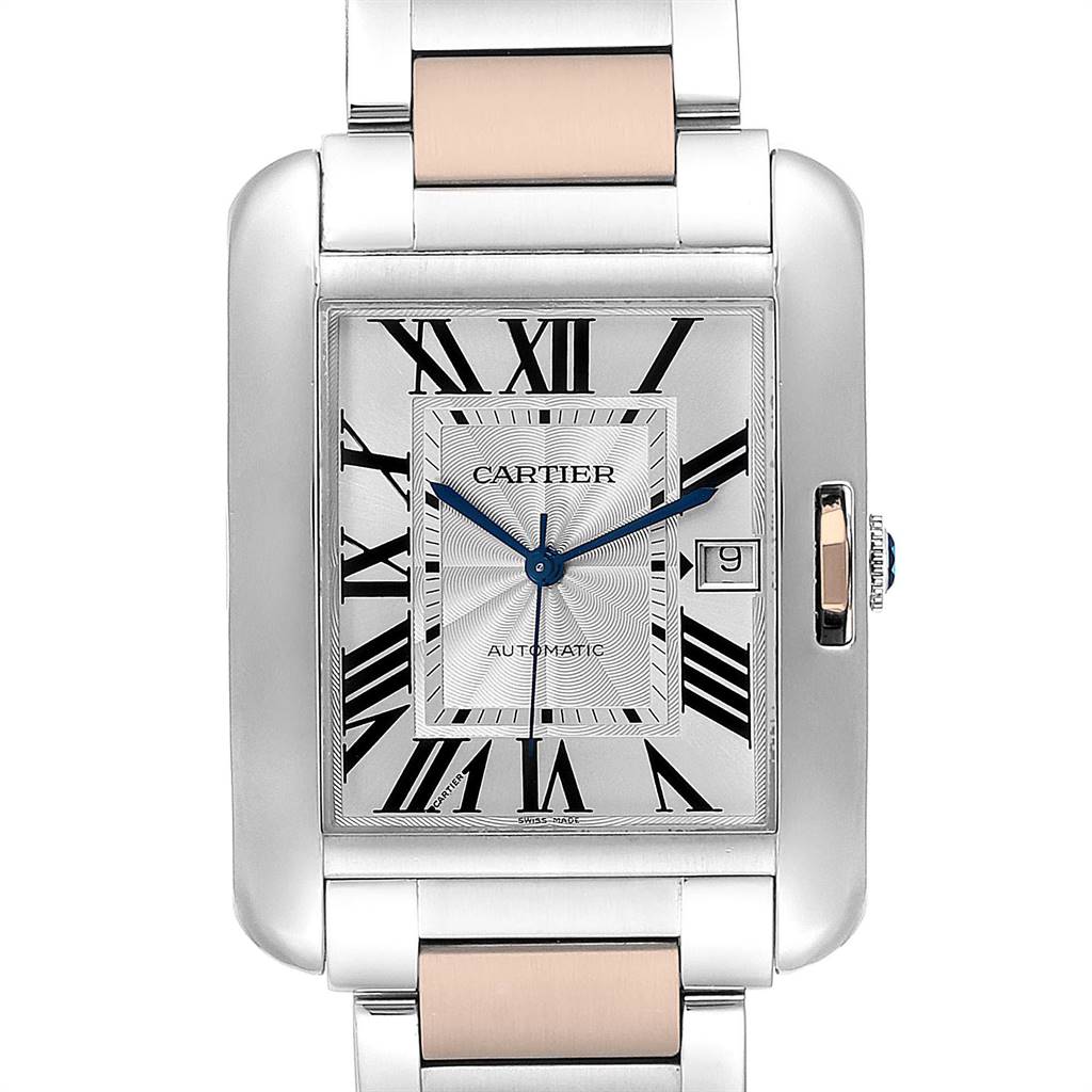 The image shows a front view of the Cartier Tank Anglaise W5310007 Women's Steel and Gold (two tone) Silver Dial W5310007 Women's Steel and Gold (two tone) Silver Dial watch, displaying the dial, bezel, and part of the bracelet.