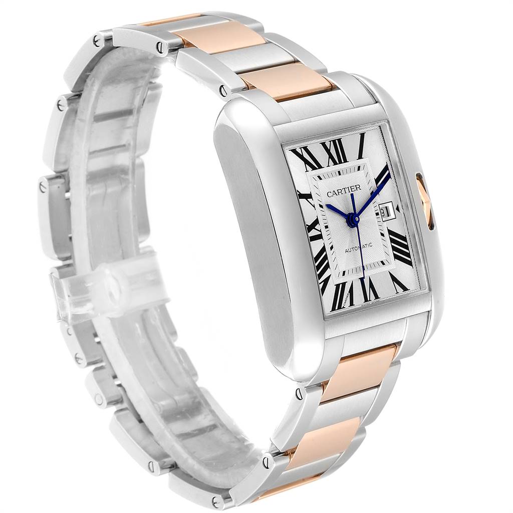The image shows a Cartier Tank Anglaise W5310007 Women's Steel and Gold (two tone) Silver Dial W5310007 Women's Steel and Gold (two tone) Silver Dial watch at a three-quarter angle, highlighting its bracelet, case, and dial.