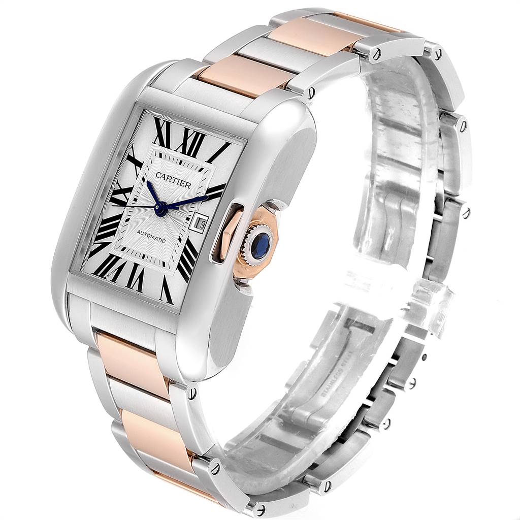 The Tank Anglaise by Cartier is shown at a three-quarter angle, featuring the watch face, crown, and bicolor bracelet.