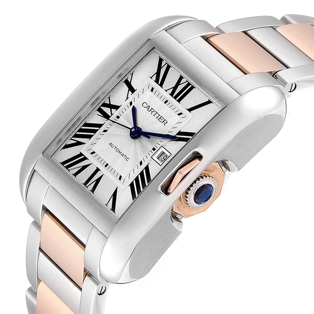 The image shows a side angle of the Cartier Tank Anglaise W5310007 Women's Steel and Gold (two tone) Silver Dial W5310007 Women's Steel and Gold (two tone) Silver Dial watch, highlighting its dial, case, crown, and metal bracelet.
