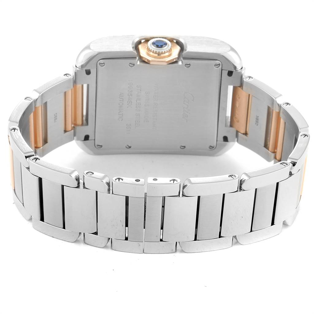 The image shows the back view of the Cartier Tank Anglaise W5310007 Women's Steel and Gold (two tone) Silver Dial W5310007 Women's Steel and Gold (two tone) Silver Dial watch, highlighting the case back and metal bracelet.