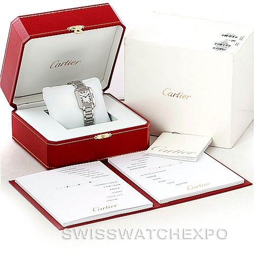 The Cartier Tank Anglaise W5310022 Women's Stainless Steel Silver Dial W5310022 Women's Stainless Steel Silver Dial watch is shown from a front angle inside its red case, accompanied by the original box and documentation.