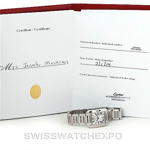 The image shows a Cartier Tank Anglaise W5310022 Women's Stainless Steel Silver Dial W5310022 Women's Stainless Steel Silver Dial watch at an angle, alongside its open certification documentation.