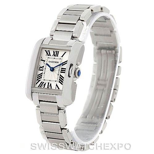 This image shows a Cartier Tank Anglaise W5310022 Women's Stainless Steel Silver Dial W5310022 Women's Stainless Steel Silver Dial watch at a front-right angle, displaying its face, bezel, crown, and bracelet.