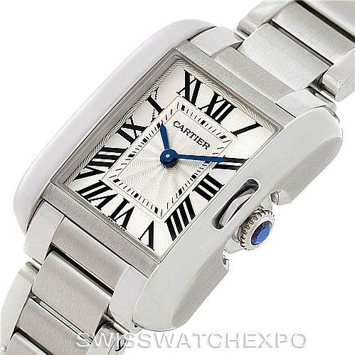 This image shows a close-up of a Cartier Tank Anglaise W5310022 Women's Stainless Steel Silver Dial W5310022 Women's Stainless Steel Silver Dial watch, highlighting its face, crown, and partial bracelet from an angled view.