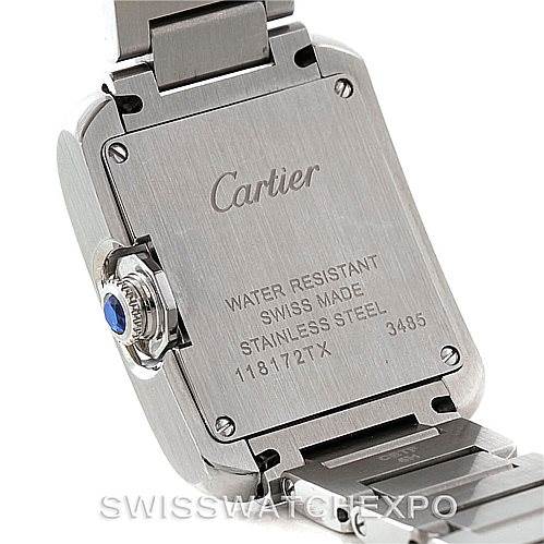 The image displays the back case and part of the bracelet of the Cartier Tank Anglaise W5310022 Women's Stainless Steel Silver Dial W5310022 Women's Stainless Steel Silver Dial watch, showcasing its inscriptions and crown.