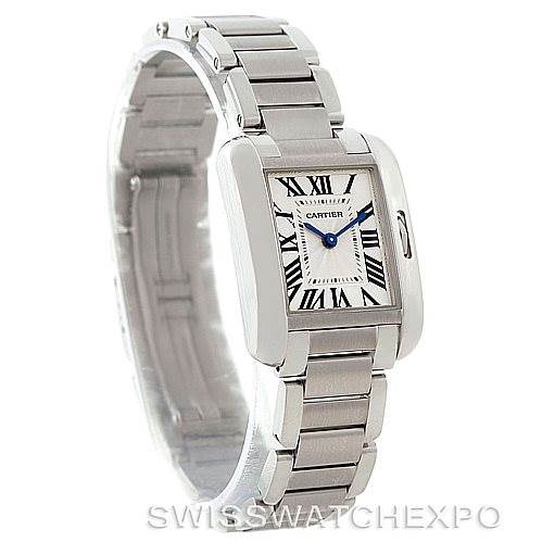 The Cartier Tank Anglaise W5310022 Women's Stainless Steel Silver Dial W5310022 Women's Stainless Steel Silver Dial watch is shown at a slight angle, displaying the face, bezel, bracelet, and clasp.