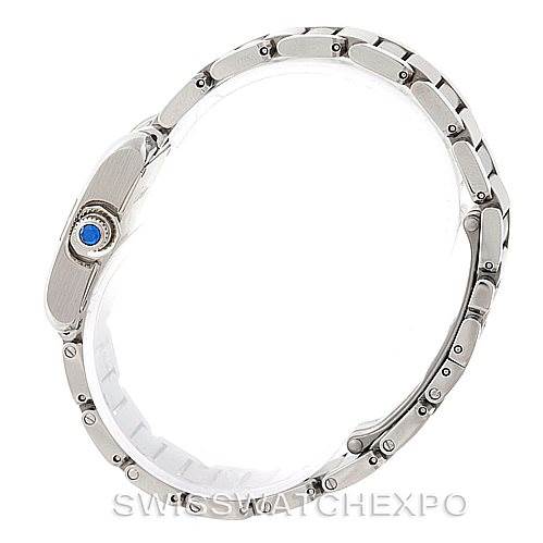 The image shows the side profile of a Cartier Tank Anglaise W5310022 Women's Stainless Steel Silver Dial W5310022 Women's Stainless Steel Silver Dial watch, highlighting the bracelet and crown with a blue cabochon.