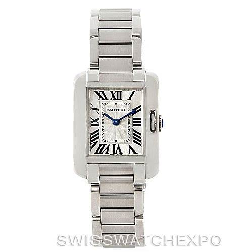 The image shows a head-on view of a Cartier Tank Anglaise W5310022 Women's Stainless Steel Silver Dial W5310022 Women's Stainless Steel Silver Dial model watch, displaying its rectangular face, Roman numerals, blue hands, and metal bracelet.