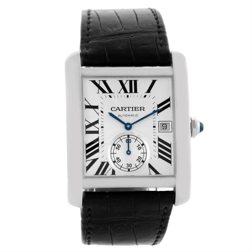 The image shows a front view of the Cartier Tank MC W5330003 Men's Stainless Steel Silver Dial W5330003 Men's Stainless Steel Silver Dial watch, highlighting its face, dial, Roman numerals, and leather strap.