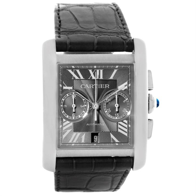 The Tank MC model by Cartier is shown from the front, displaying its rectangular case, dial, subdials, and leather strap.