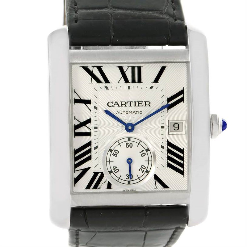 This Cartier Tank MC watch is shown from a front angle, displaying its rectangular dial, Roman numerals, and black leather strap.