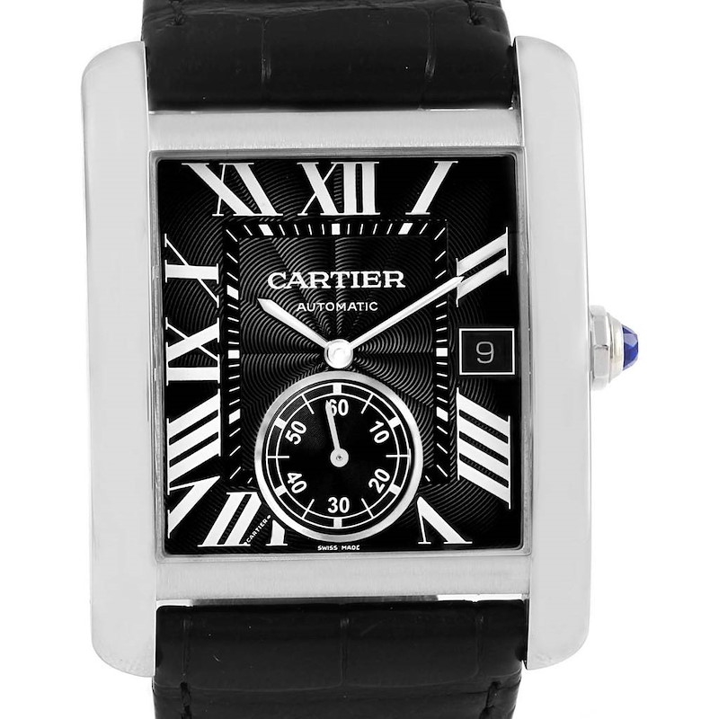 The image shows a straight-on view of the Cartier Tank MC model, showcasing its black dial, Roman numerals, and leather strap.