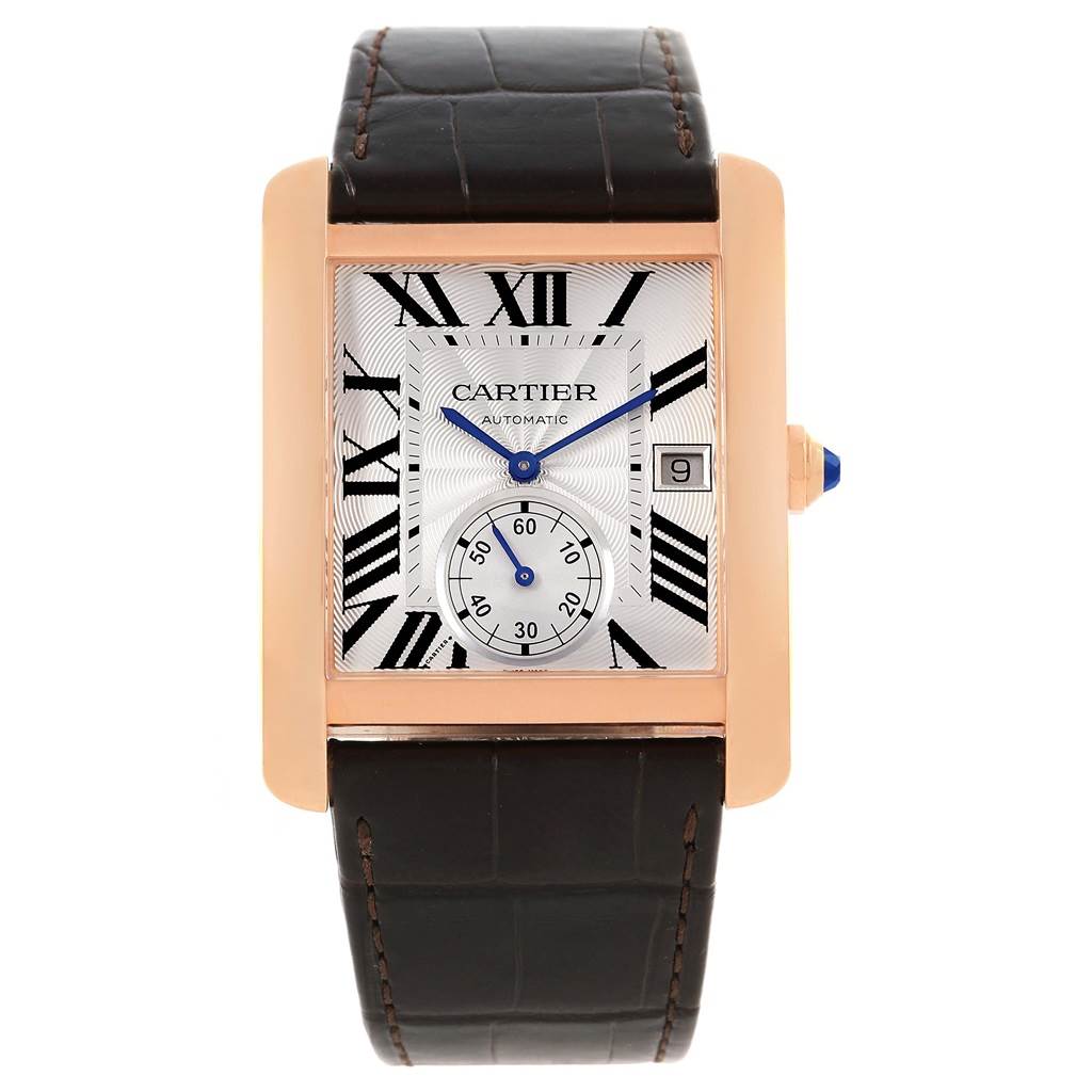 The image shows a frontal view of the Cartier Tank MC W5330001 Men's Rose Gold Silver Dial W5330001 Men's Rose Gold Silver Dial watch, highlighting its rectangular case, dial, and leather strap.