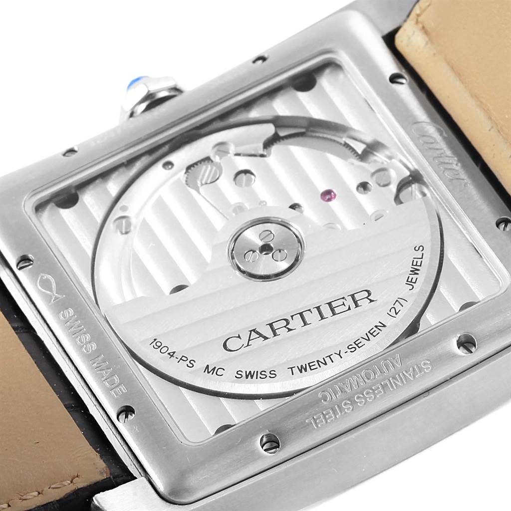 This image shows the back of the Cartier Tank MC W5330003 Men's Stainless Steel Silver Dial W5330003 Men's Stainless Steel Silver Dial watch, displaying the movement and internal components.