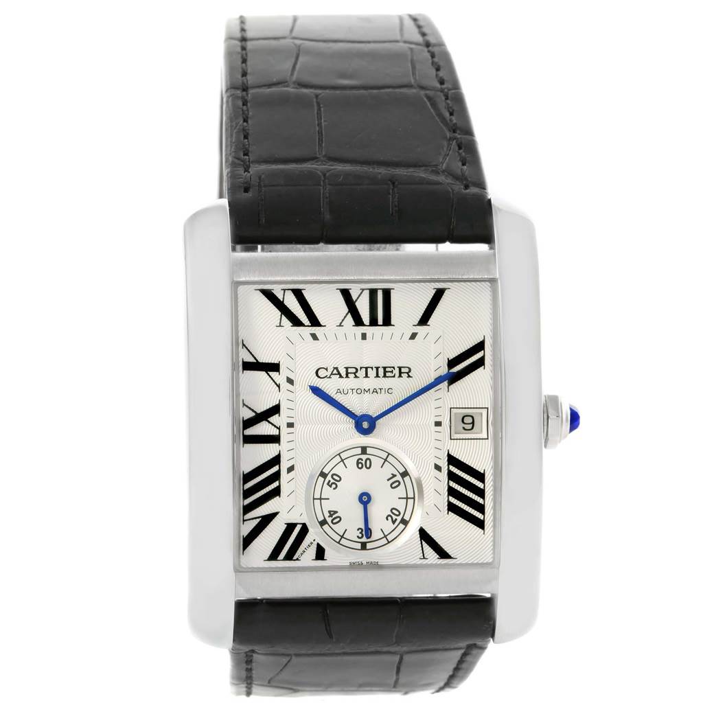 This image shows a front view of the Cartier Tank MC W5330003 Men's Stainless Steel Silver Dial W5330003 Men's Stainless Steel Silver Dial watch, featuring its face, bezel, and strap.