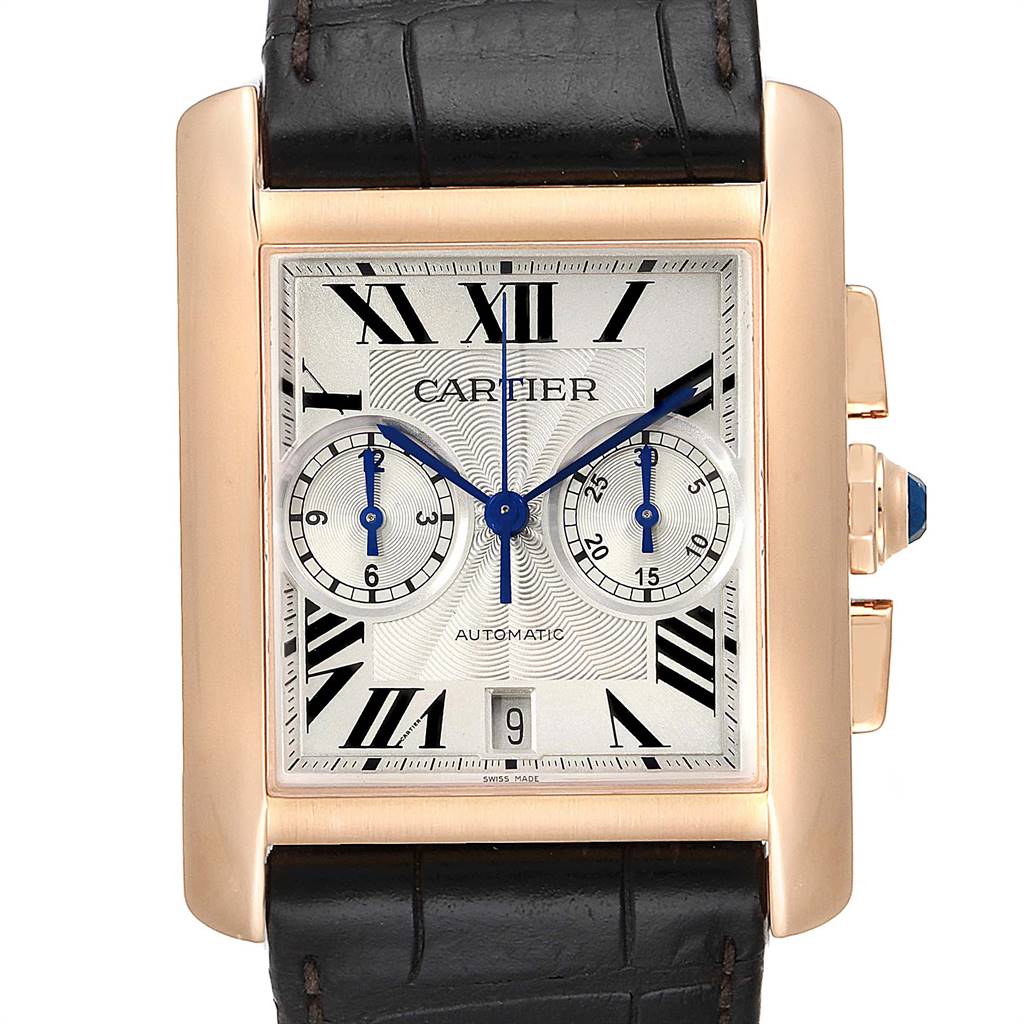 The image shows a front view of the Cartier Tank MC W5330005 Men's Rose Gold Silver Dial W5330005 Men's Rose Gold Silver Dial watch, highlighting the dial, subdials, and part of the strap.