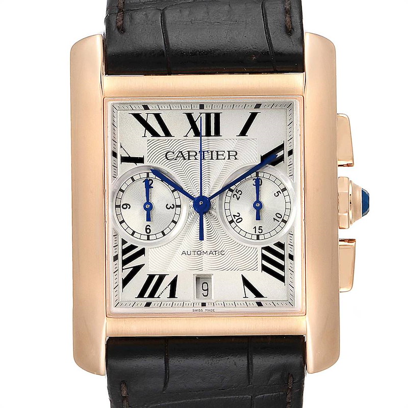 The image shows a front view of the Cartier Tank MC watch, highlighting the dial, subdials, and part of the strap.