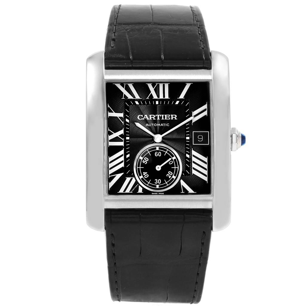 The Cartier Tank MC Men's Stainless Steel Black Dial Men's Stainless Steel Black Dial watch is shown from a direct front angle, displaying the face, case, strap, and crown.