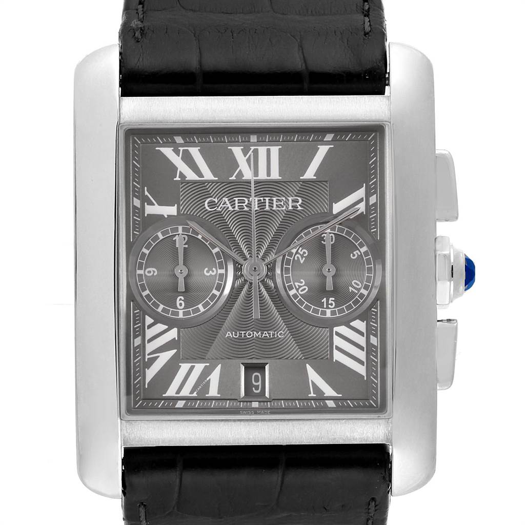 The Cartier Tank MC W5330008 Men's Stainless Steel Grey Dial W5330008 Men's Stainless Steel Grey Dial watch is shown from a front angle, displaying its face, Roman numerals, subdials, crown, and black leather strap.