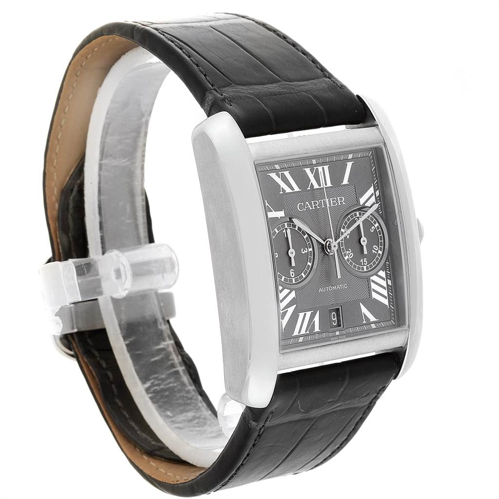 The image shows a Cartier Tank MC W5330008 Men's Stainless Steel Grey Dial W5330008 Men's Stainless Steel Grey Dial watch from a slight side angle, highlighting the face, black leather strap, and side of the case.