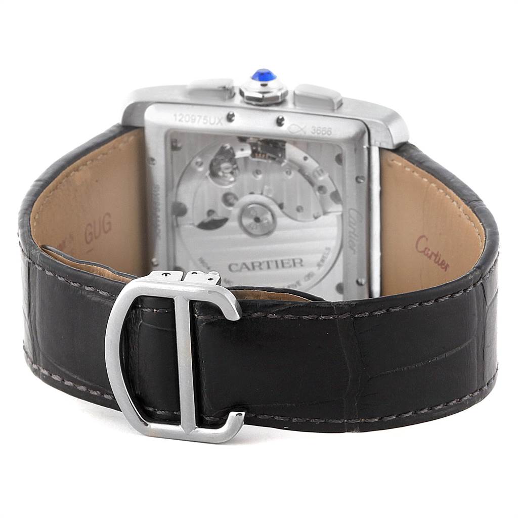 The image shows the back view of a Cartier Tank MC W5330008 Men's Stainless Steel Grey Dial W5330008 Men's Stainless Steel Grey Dial watch, highlighting the case back, movement, and leather strap with buckle.