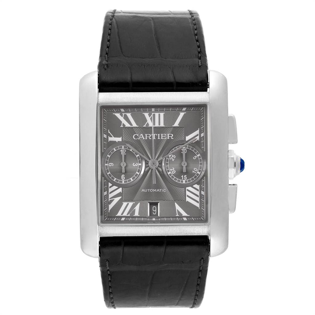 The Cartier Tank MC W5330008 Men's Stainless Steel Grey Dial W5330008 Men's Stainless Steel Grey Dial watch is shown from a front angle, displaying the dial, crown, and leather strap.