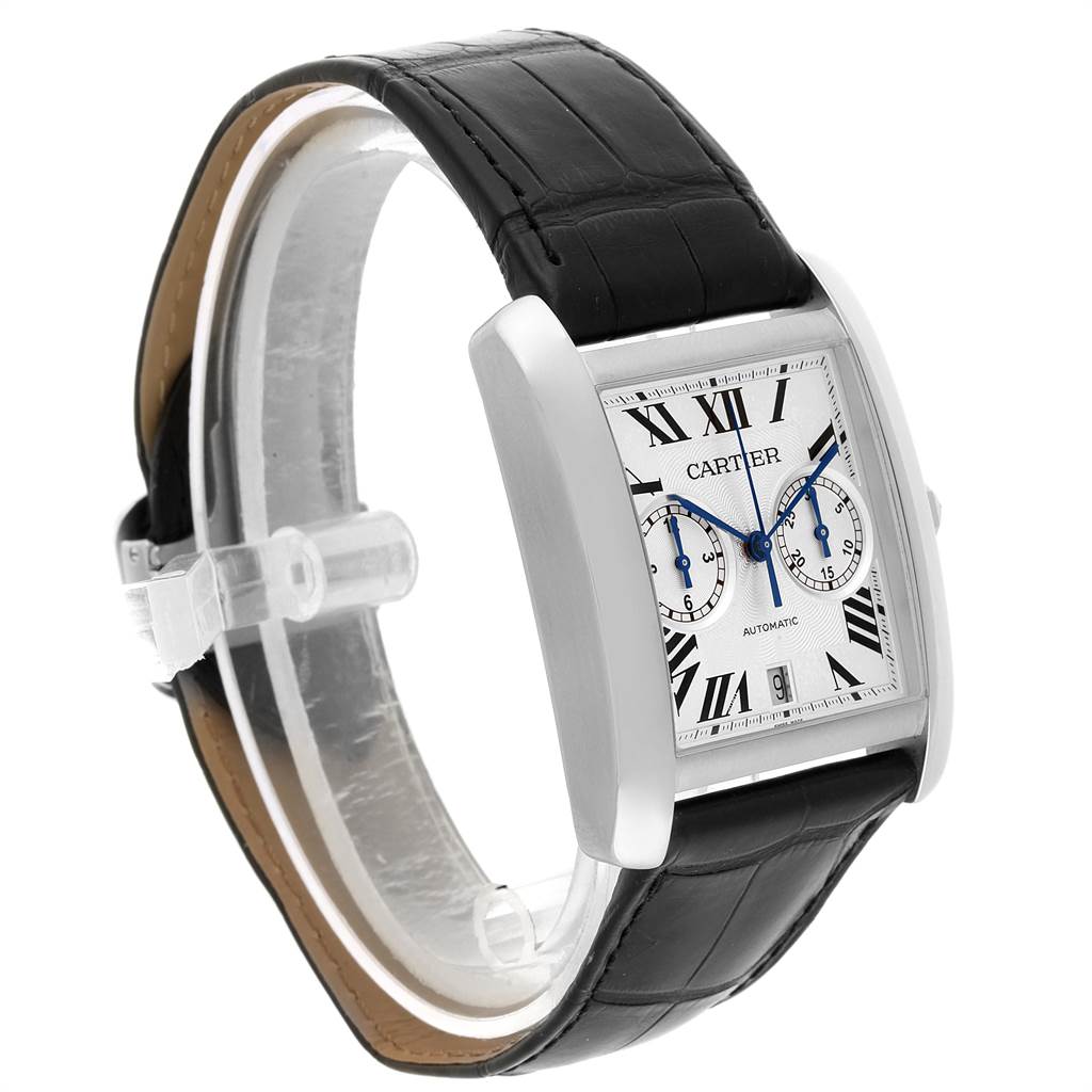 The image shows a Cartier Tank MC W5330007 Men's Stainless Steel Silver Dial W5330007 Men's Stainless Steel Silver Dial watch positioned at a three-quarter angle, highlighting the face and black leather strap.