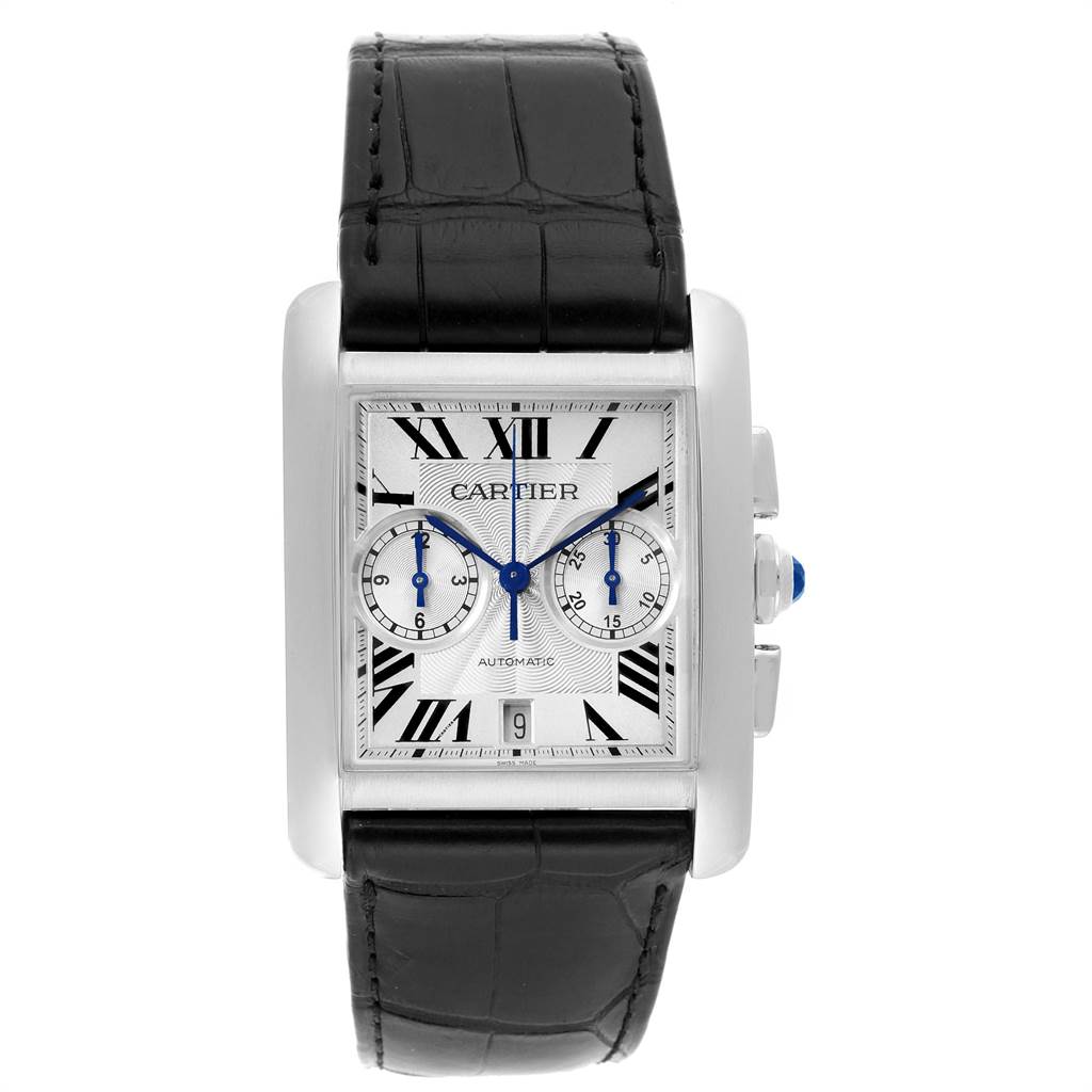 The image shows a Cartier Tank MC W5330007 Men's Stainless Steel Silver Dial W5330007 Men's Stainless Steel Silver Dial watch from a frontal angle, displaying the watch face, dial, and black leather strap.