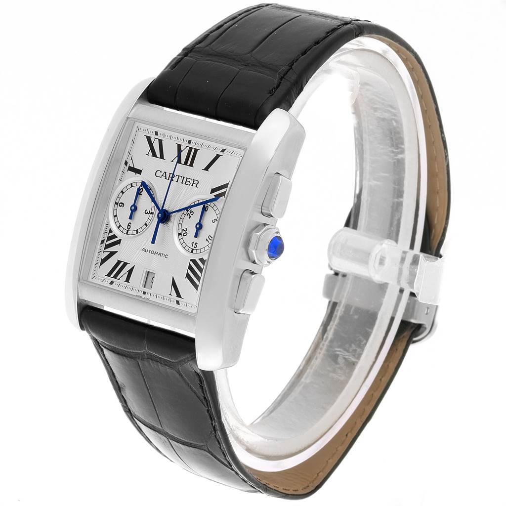 This image shows a Cartier Tank MC W5330007 Men's Stainless Steel Silver Dial W5330007 Men's Stainless Steel Silver Dial watch from a front and side angle, displaying the face, crown, and leather strap.