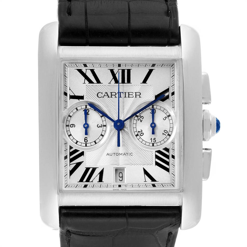This image shows a frontal view of the Cartier Tank MC W5330007 Men's Stainless Steel Silver Dial W5330007 Men's Stainless Steel Silver Dial watch, featuring its dial, hands, sub-dials, date window, and leather strap.