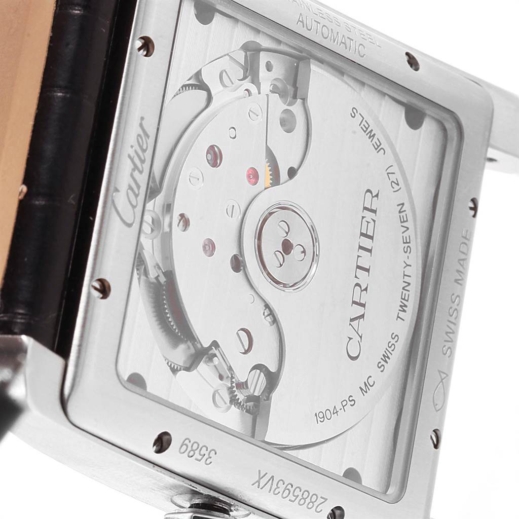 This image shows the back view of the Cartier Tank MC WSTA0010 Men's Stainless Steel Blue Dial WSTA0010 Men's Stainless Steel Blue Dial watch, focusing on the automatic movement and internal components.