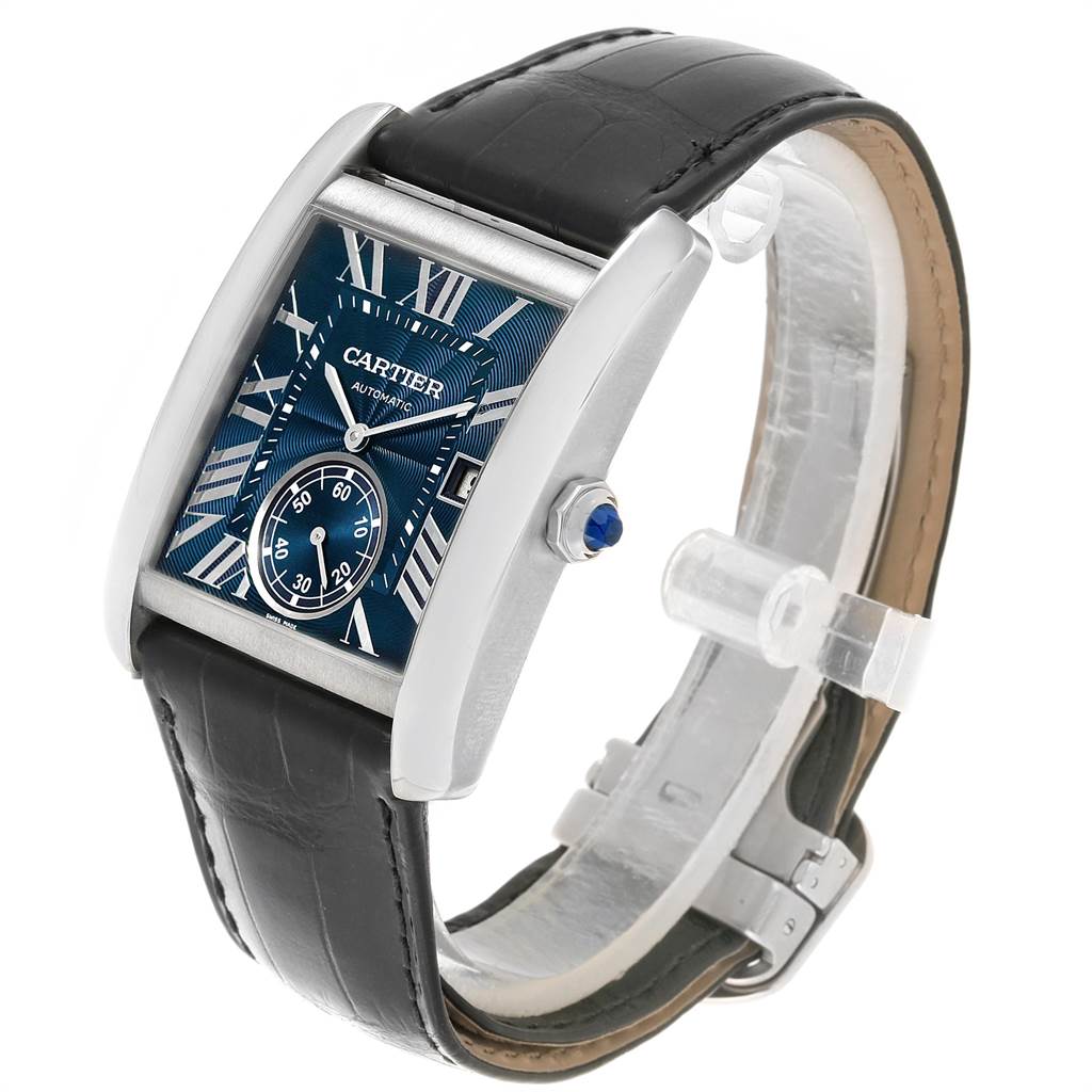 The Tank MC model by Cartier is shown at an angle showcasing its dial, crown, and leather strap.