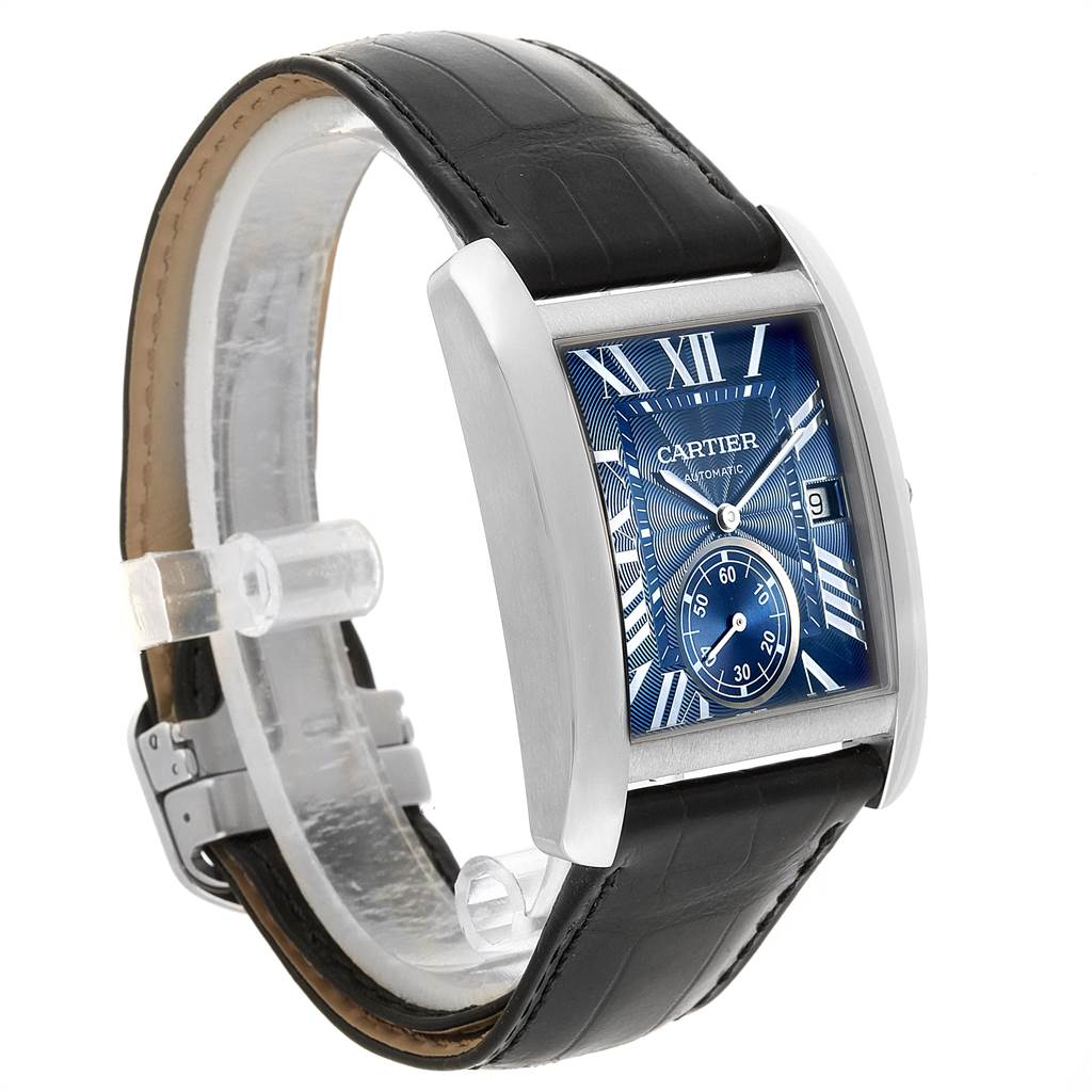 The Cartier Tank MC WSTA0010 Men's Stainless Steel Blue Dial WSTA0010 Men's Stainless Steel Blue Dial watch is shown from a front angle, highlighting its black leather strap and blue dial.