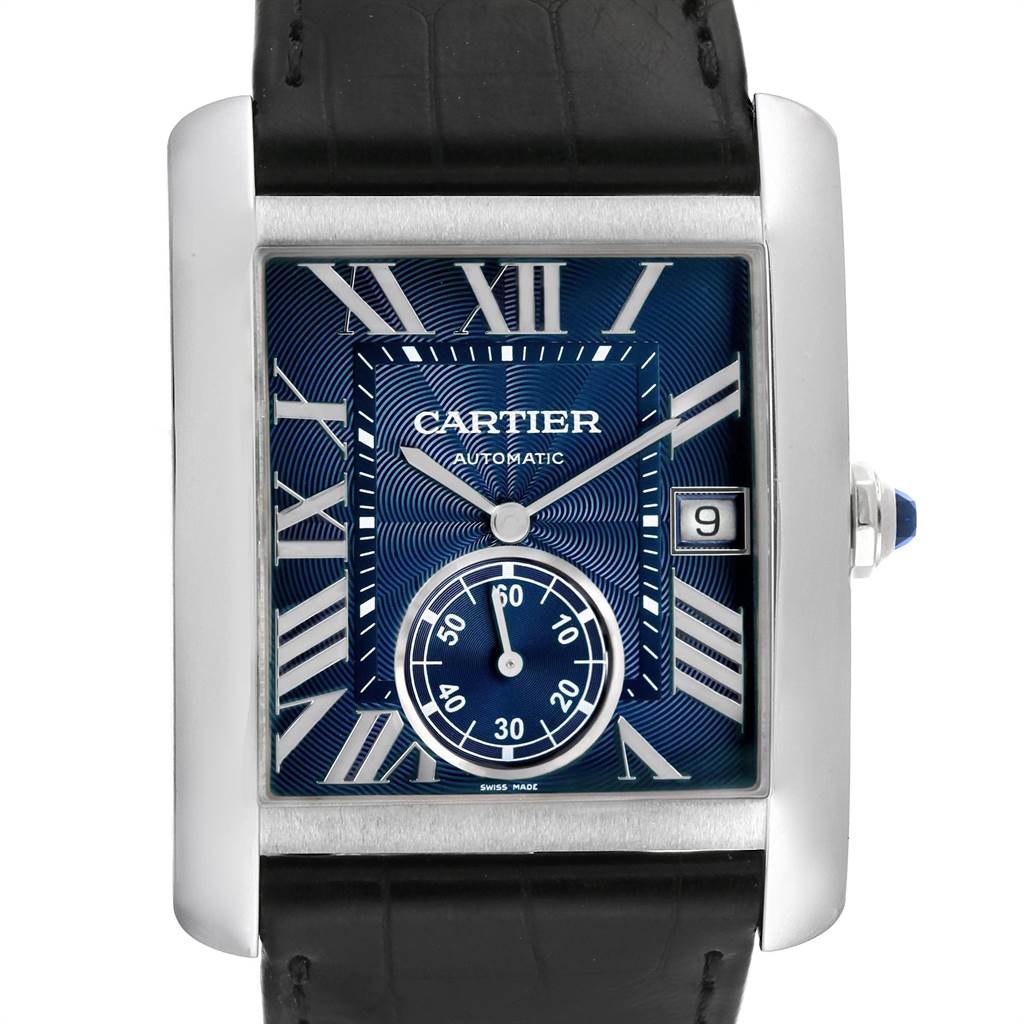 The image shows a front-facing view of a Cartier Tank MC WSTA0010 Men's Stainless Steel Blue Dial WSTA0010 Men's Stainless Steel Blue Dial watch, highlighting its blue dial, Roman numerals, and black strap.
