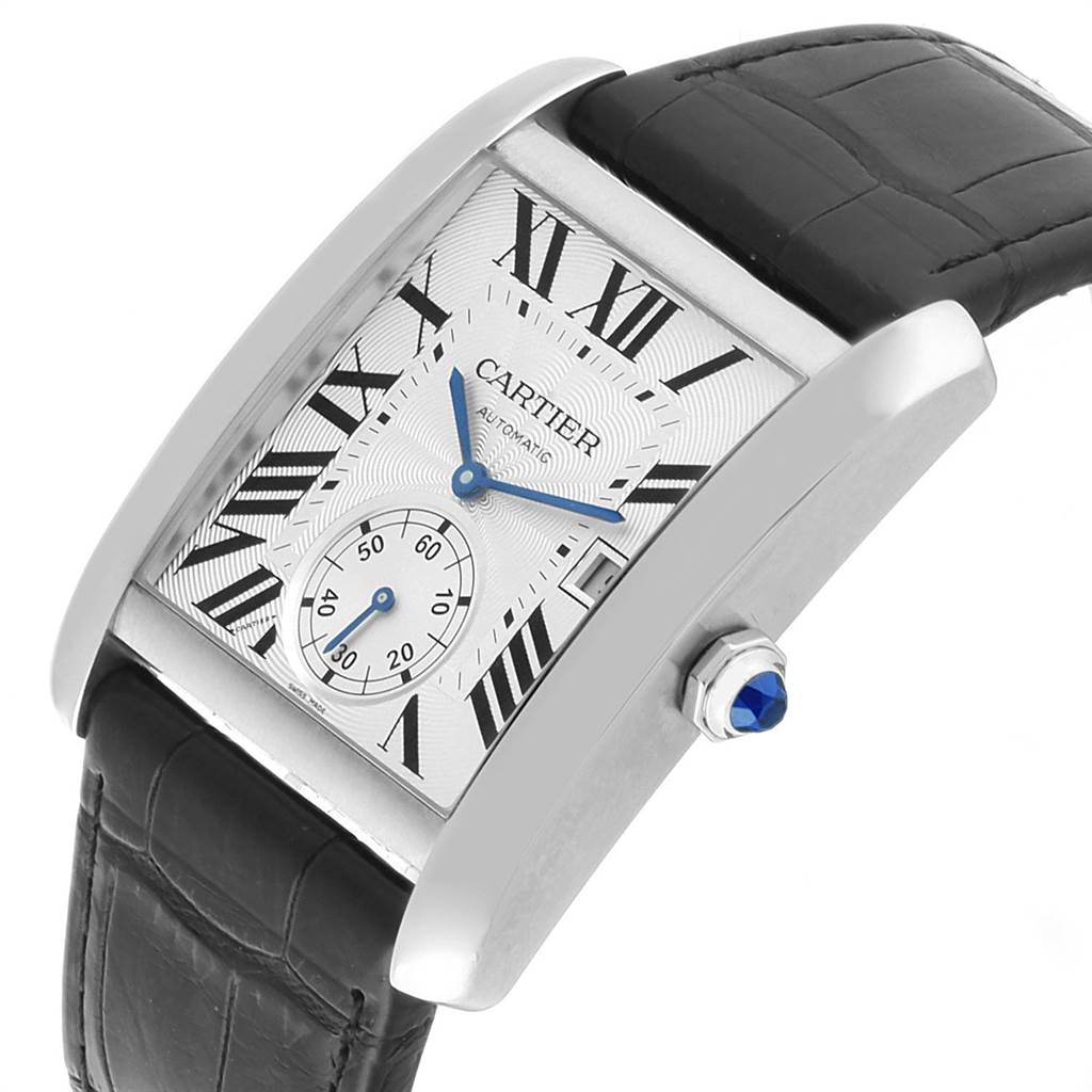 The image shows a side view angle of the Cartier Tank MC W5330003 Men's Stainless Steel Silver Dial W5330003 Men's Stainless Steel Silver Dial watch, highlighting its dial, case, crown, and leather strap.