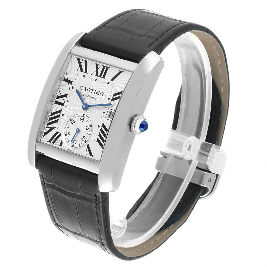 The Tank MC model by Cartier is shown at a three-quarter angle, displaying its face, crown, and leather strap.
