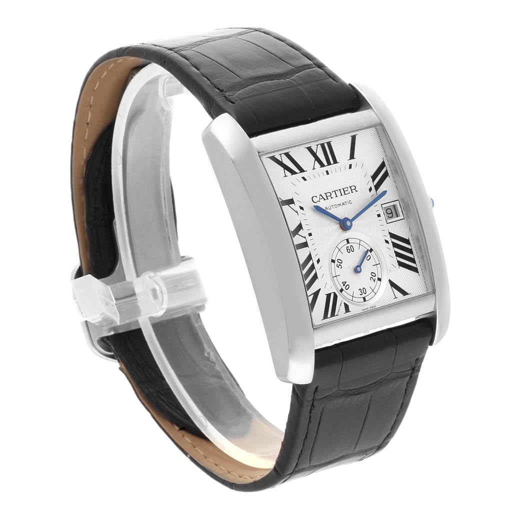 The image shows a Cartier Tank MC W5330003 Men's Stainless Steel Silver Dial W5330003 Men's Stainless Steel Silver Dial watch at a three-quarter angle, highlighting its face, leather strap, and case.