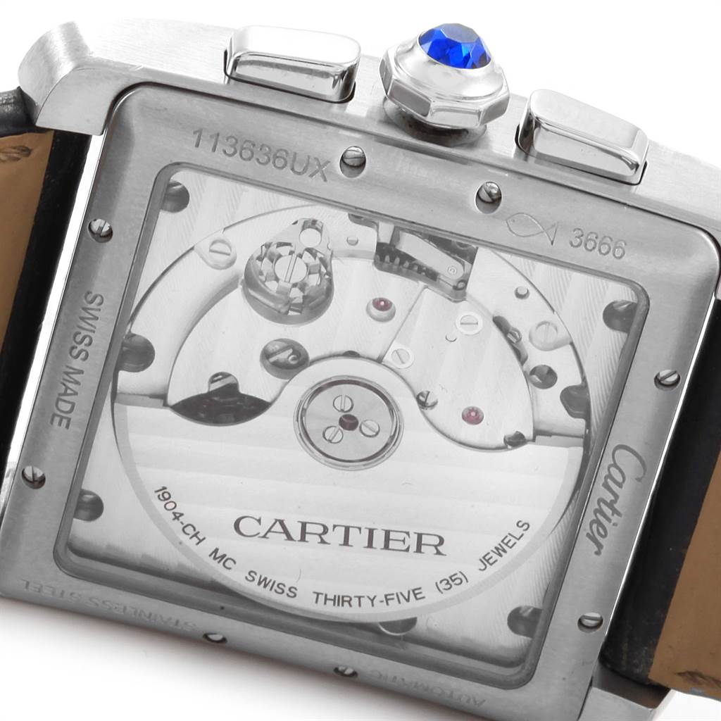 The image shows the back view of the Cartier Tank MC W5330008 Men's Stainless Steel Grey Dial W5330008 Men's Stainless Steel Grey Dial watch, highlighting its movement and internal mechanisms.
