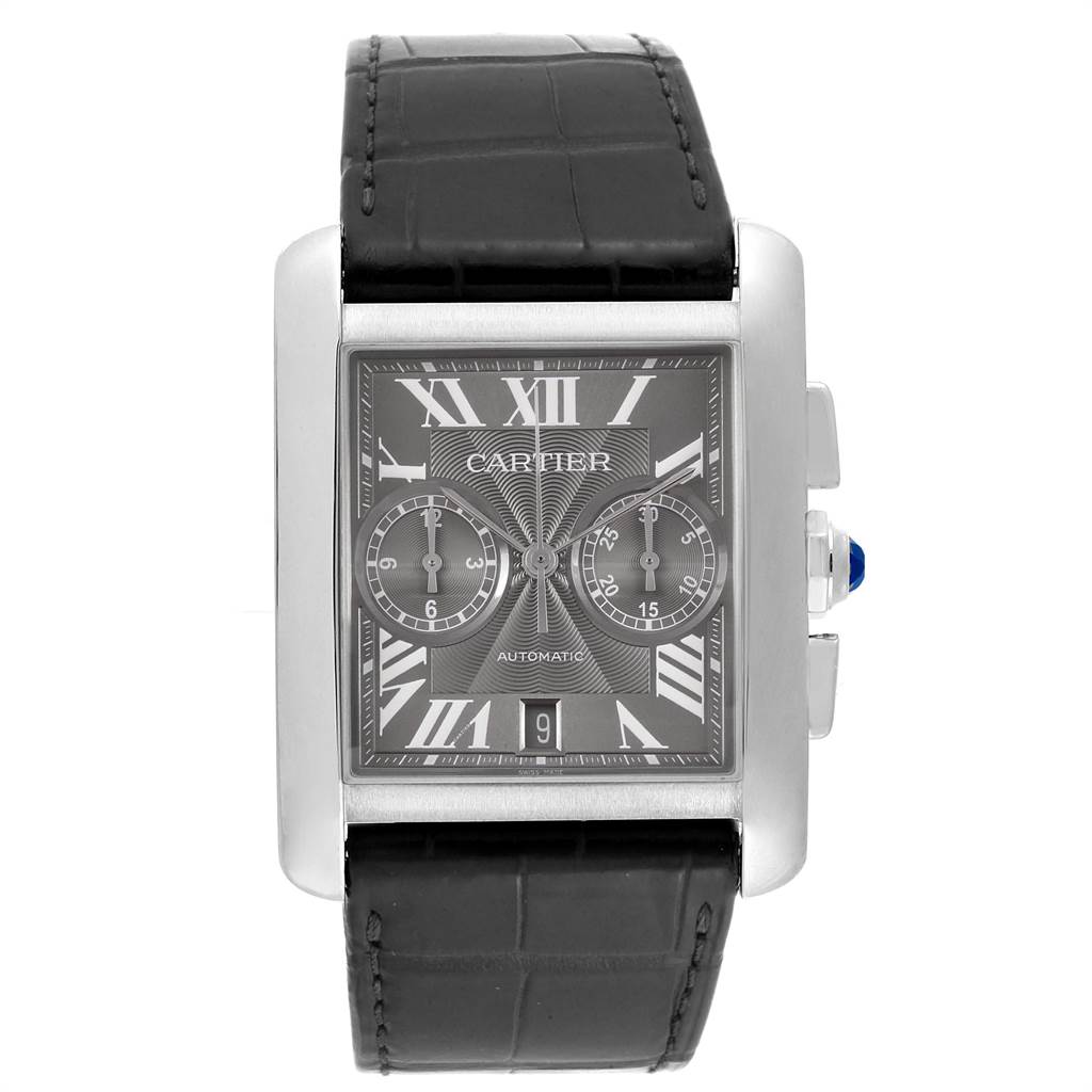 The image shows a front view of the Cartier Tank MC W5330008 Men's Stainless Steel Grey Dial W5330008 Men's Stainless Steel Grey Dial watch, detailing its rectangular face, dual subdials, black strap, and Roman numeral markers.