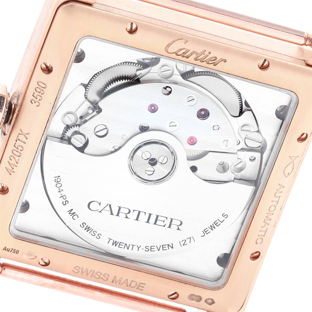The image shows the back view of the Cartier Tank MC W5330002 Men's Rose Gold Brown Dial W5330002 Men's Rose Gold Brown Dial watch, revealing its automatic movement and inner mechanisms.