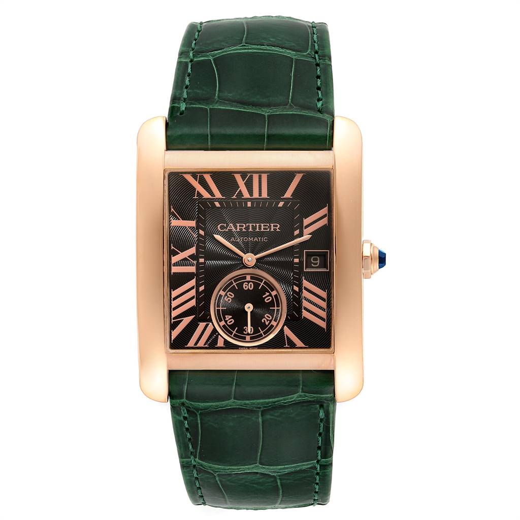 This image shows a front view of the Cartier Tank MC W5330002 Men's Rose Gold Brown Dial W5330002 Men's Rose Gold Brown Dial watch with a green leather strap and rose gold case.