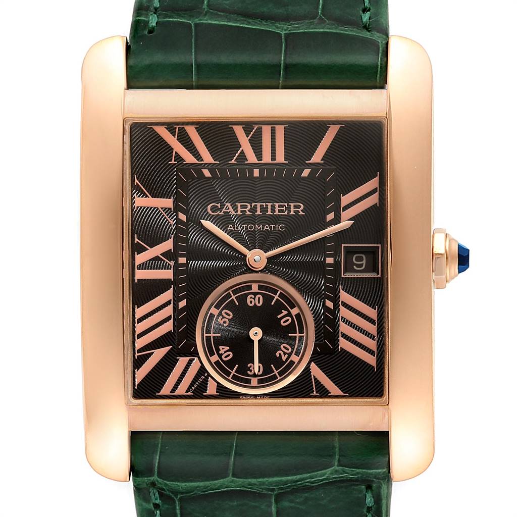 The image shows a Cartier Tank MC W5330002 Men's Rose Gold Brown Dial W5330002 Men's Rose Gold Brown Dial watch from a front angle, highlighting its dial, case, hands, and date window.