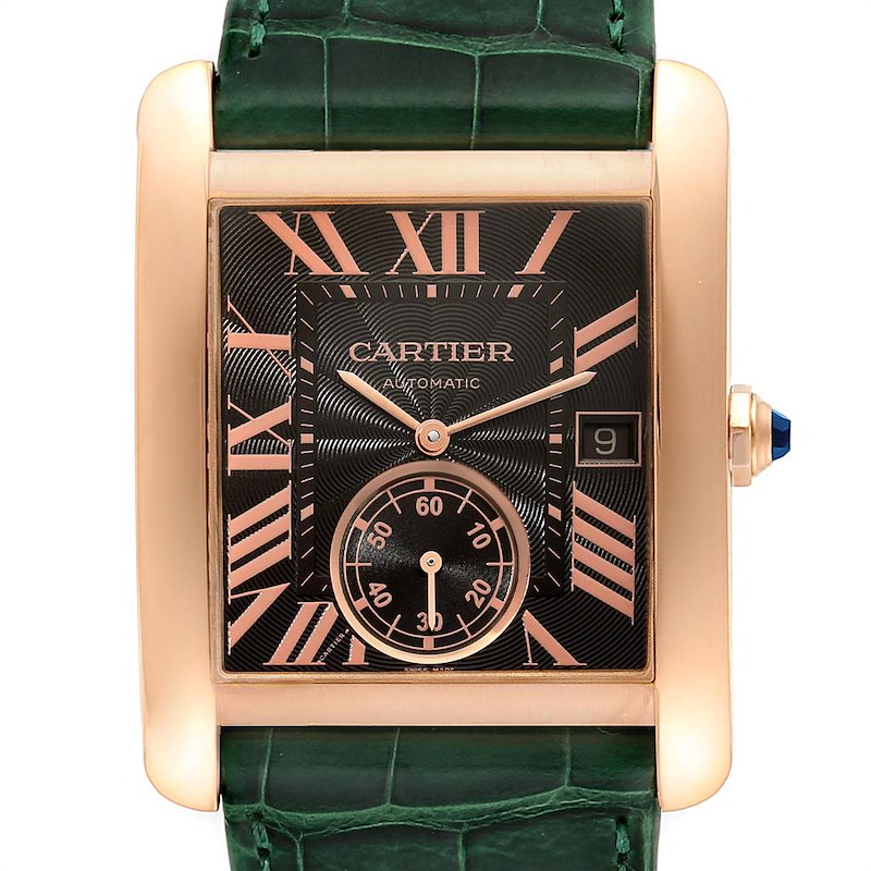 Cartier Tank MC Rose Gold Brown Dial Green Strap Mens Watch W5330002 SwissWatchExpo